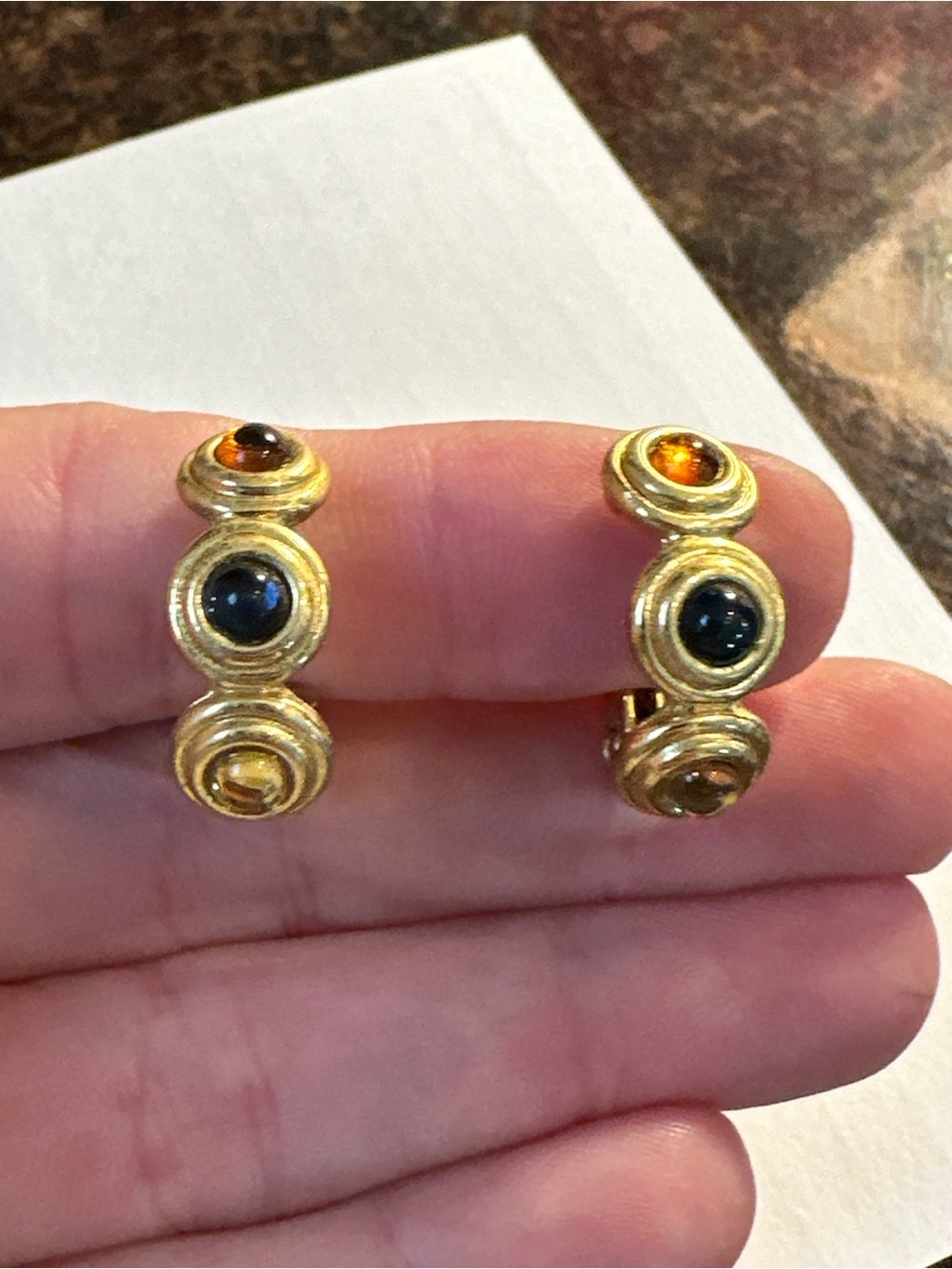 Vintage Monet Gold Tone Cabochon Clip-On Earrings Amber Black Rhinestone Signed